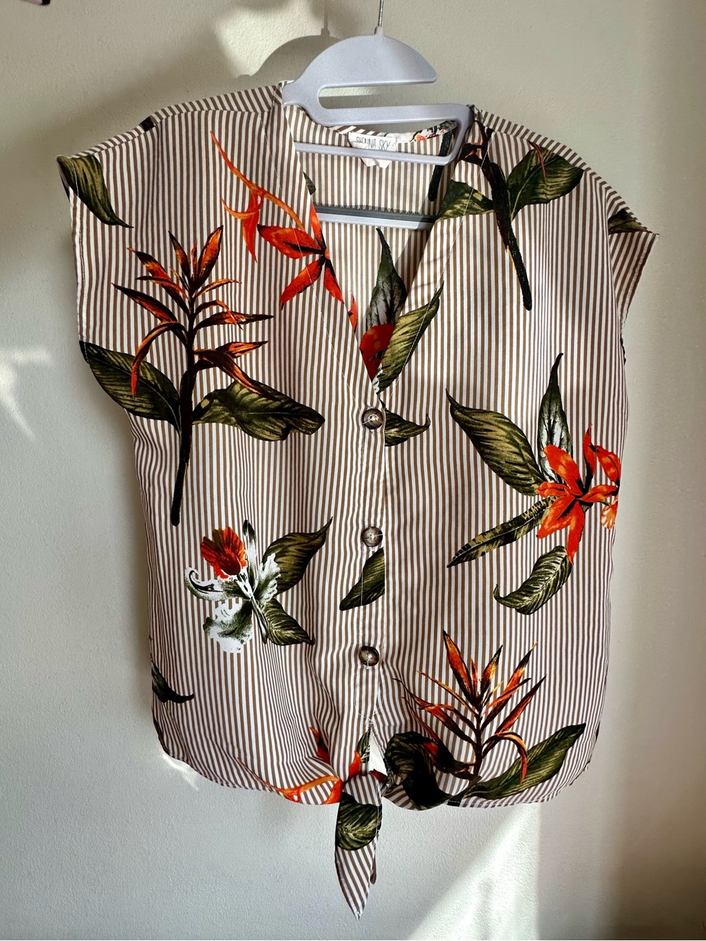 Sienna Sky Beige Stripe Tie-Front Blouse with Green & Orange Floral - size S
